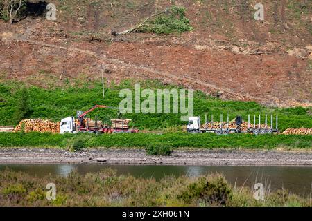 Vehicles loading timber beside Yeoman Hey reservoir in the hills around Saddleworth in Greater Manchester, England. Stock Photo