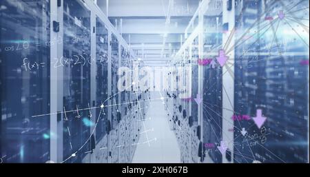 Image of mathematical equations and data processing over computer servers. Global computing and data processing concept digitally generated image. Stock Photo