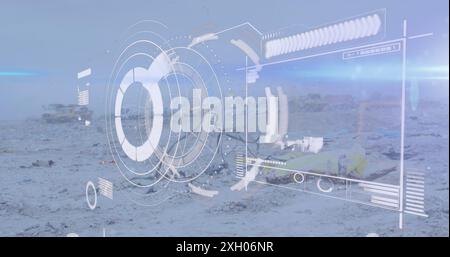 Image of loading circle with bar graph and lens flare over low angle view of dumping ground. Digital composite, multiple exposure, landfill, report, f Stock Photo