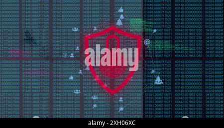 Image of network of digital icons spinning over security padlock icon against data processing. Cyber security and business networking technology conce Stock Photo