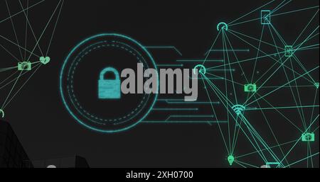 Image of globe of digital icons spinning over security padlock icon against black background. Cyber security and business networking technology concep Stock Photo