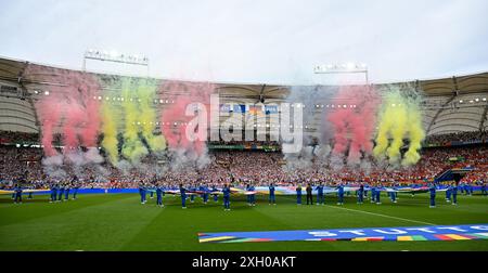 Stuttgart, Germany. 05th July, 2024. spectacle with smokebombs pictured ahead of a soccer game between the national teams of Spain and Germany in the Quarter Final stage of the UEFA Euro 2024 tournament, on Thursday 5 July 2024 in Stuttgart, Germany . Credit: sportpix/Alamy Live News Stock Photo