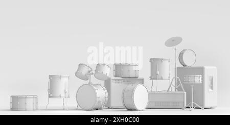 Set of electric acoustic guitars, amplifiers and drums with cymbal on monochrome Stock Photo