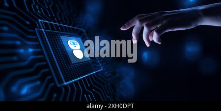 Chatbot computer program designed for conversation with human users over the Internet. Support and customer service automation technology concept. Stock Photo