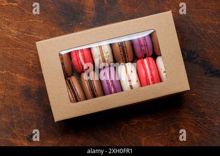 Colorful macaroons in gift box. Top view Stock Photo