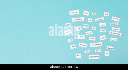 uropean languages, word hello in different language spoken in Europe, concept of multilingual business and community, multilingualism in the EU Stock Photo