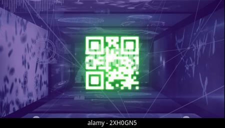 Digital image of glowing qr code against glowing neon blue tunnel on black background. Global technology and digital interface concept digitally gener Stock Photo