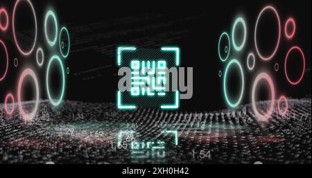 Image of qr code with illuminated circle with numbers, wave pattern, programming language. Digitally generated, hologram, barcode, coding, digits, abs Stock Photo