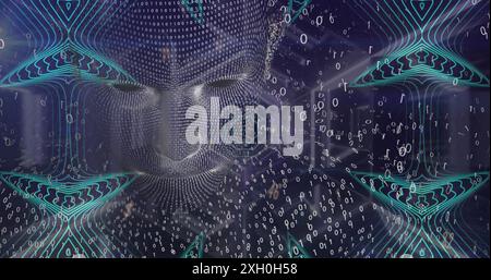 Image of data processing and digital human head over shapes on black background. Global technology, computing and digital interface concept digitally Stock Photo