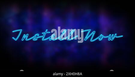 Image of neon blue install now text banner against blue background. Social media networking and business technology concept Stock Photo