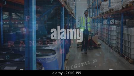 Image of data processing over caucasian male worker in warehouse. Global business and digital interface concept digitally generated image. Stock Photo