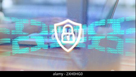 Image of padlock in shield, numbers in blockchain, connected dots, cropped hands using laptop. Digital composite, multiple exposure, cryptocurrency, p Stock Photo
