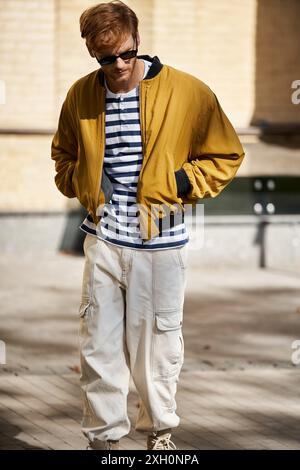 A young red-haired man strolling through the city in debonair attire. Stock Photo