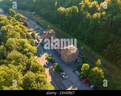 Aerial view of a dense forest with sunlit treetops and deep shadows in ...