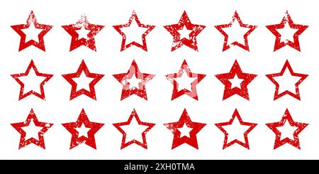 Red vintage stars with cracks and stains. Old hand-drawn sign, black simple shape. Retro design element with distressed effect, grunge texture. Vector Stock Vector