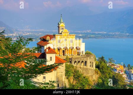 View of Madonna del Sasso Church above Locarno city and the Maggiore lake, Switzerland, View of Madonna del Sasso Church above Locarno city and the Stock Photo