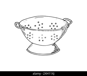 Colander hand-drawn. Kitchenware. Illustration isolated on white. Stock Vector