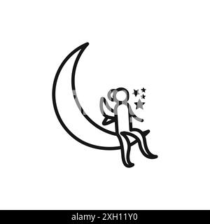 fairy sitting on moon icon logo sign vector outline in black and white color Stock Vector