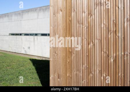 Modern building with Wood paneling detail and concrete facade. Ecological wooden facade thermal insulation Stock Photo