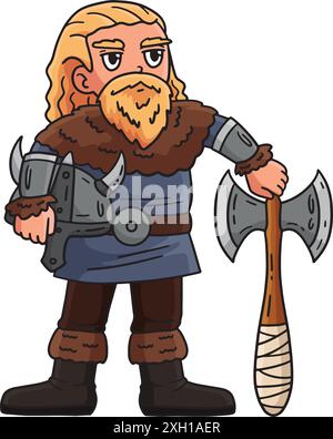 Viking Holding an Axe and Helmet Cartoon Clipart Stock Vector