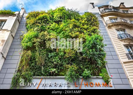 Trees and shrubs growing on the facade of the BHV Marais l'Homme clothing store on the Rue de la Verrerie, Paris 75004, France. Stock Photo