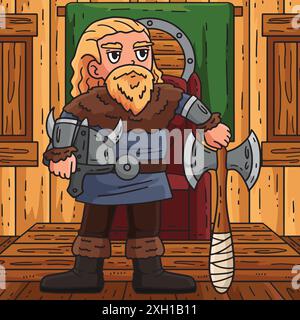 Viking Holding an Axe and Helmet Colored Cartoon Stock Vector