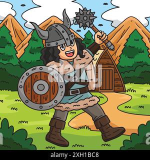 Viking with Mace and Shield Colored Cartoon  Stock Vector