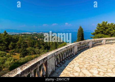 View from the garden terrace of the Achilleion on Corfu towards Kerkyra Stock Photo