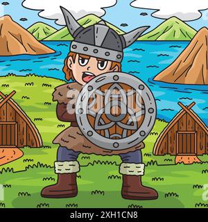 Viking with a Shield Colored Cartoon Illustration Stock Vector
