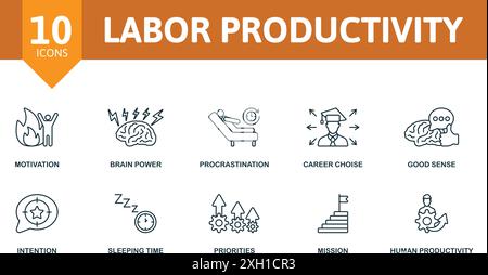 Labor Productivity thin line icon set. Motivation, Brain Power, Procrastination, Career Choise, Good Sense, Intention, Sleeping Time, Priorities Stock Vector