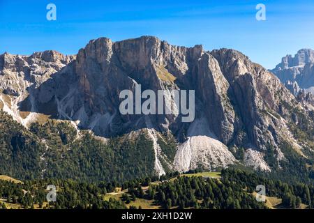 View from the Seceda to the Cir peaks, Val Gardena, South Tyrol Stock Photo