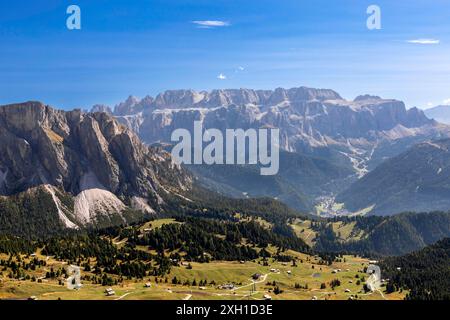 View from the Seceda to the Sella Group, Val Gardena, South Tyrol Stock Photo