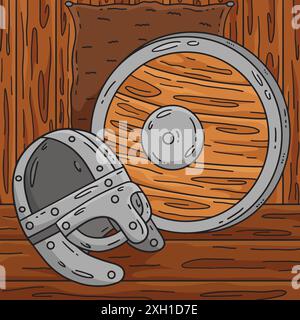 Viking Helmet and Shield Colored Cartoon  Stock Vector