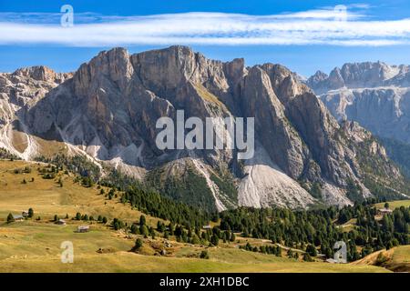 View from the Seceda to the Cir peaks, Val Gardena, South Tyrol Stock Photo