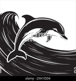 Dolphin jumping out of the water, Vector silhouette illustration. Black and white Stock Vector