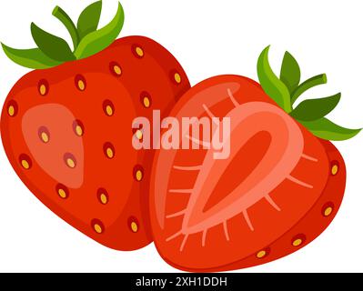 Fresh sweet strawberries. Halved and whole Red berries. Hand drawn summer strawberry trendy flat style isolated for design. Vector illustration Stock Vector