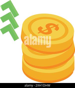 Stack of gold coins is increasing in value as indicated by three green upward arrows Stock Vector