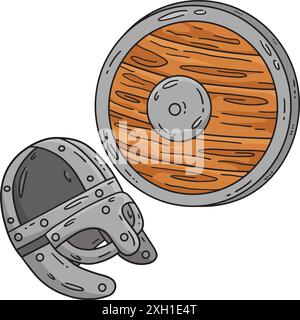 Viking Helmet and Shield Cartoon Colored Clipart Stock Vector