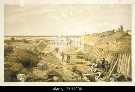 Ditch of the Bastion du Mât BY William Simpson, 1823-1899, artist. Published 1856. lithograph, tinted depicting the earthworks showing spiked timbers, gabions, and openings to underground bomb shelters at the Bastion du Mât, a French redoubt at the far left of the British lines and facing the Russian Grand Redan and Sebastopol'. Crimean war Stock Photo