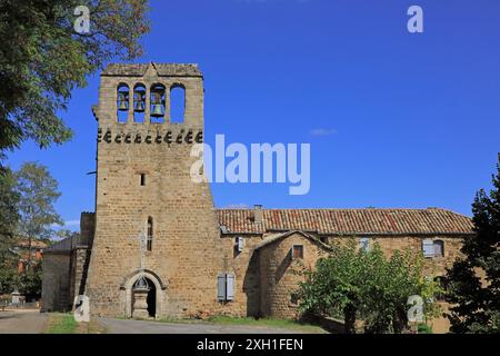 France, Ardèche, Faugères, church with steeple Comb Stock Photo