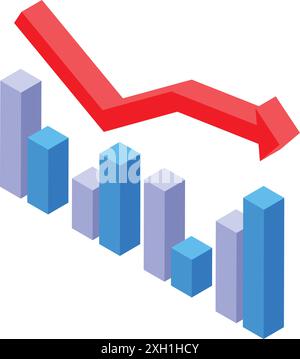 Isometric 3d red arrow pointing down over decreasing graph bars, concept of business loss Stock Vector