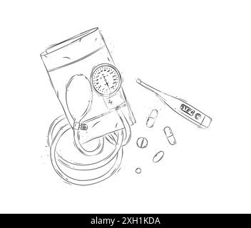 Pressure measurement tool, electronic thermometer and pills composition for medical purposes drawing in graphic style on white background Stock Vector