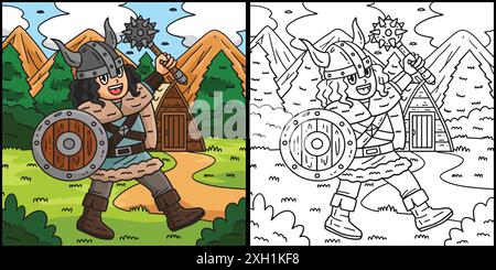 Viking with Mace and Shield Coloring Illustration Stock Vector