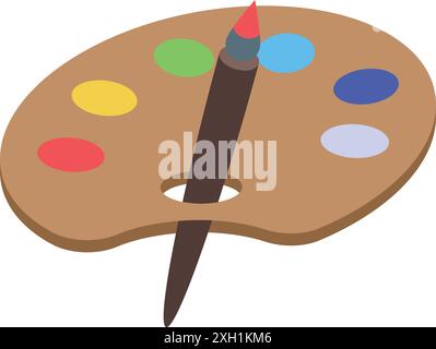 Wooden palette with paintbrush and colorful paints isometric view isolated on white background Stock Vector
