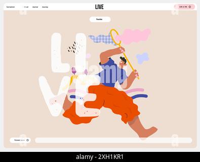 Life Unframed: Cloud catcher -modern flat vector concept illustration of running man with butterfly net. Metaphor of unpredictability, imagination, wh Stock Vector