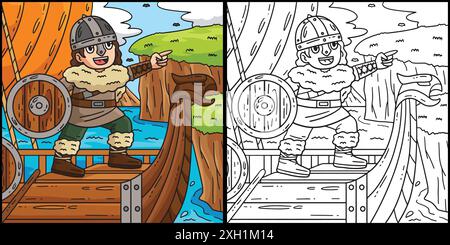 Viking Navigating Coloring Page Colored Illustration Stock Vector