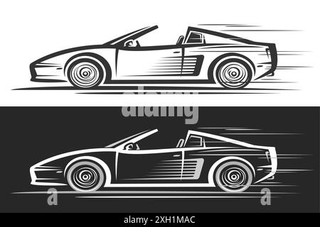 Vector logo for Sport Car, horizontal automotive banners with simple illustration of monochrome modern concept car with open roof in moving, decorativ Stock Vector