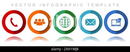 Social media vector icon collection, miscellaneous icons such as phone, people, globe, envelope and laptop, flat design infographic template in eps 10 Stock Vector