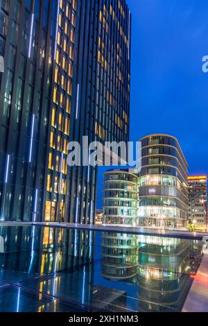 Medienhafen Media Harbor, house Hafenspitze with hotel Hyatt Regency left, office buliding Speditionstraße 17 at Julo-Levin-Ufer Düsseldorf Düsseldorf Stock Photo