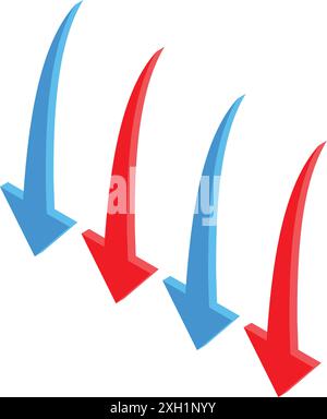 Four red and blue arrows are pointing down, illustrating a negative trend Stock Vector